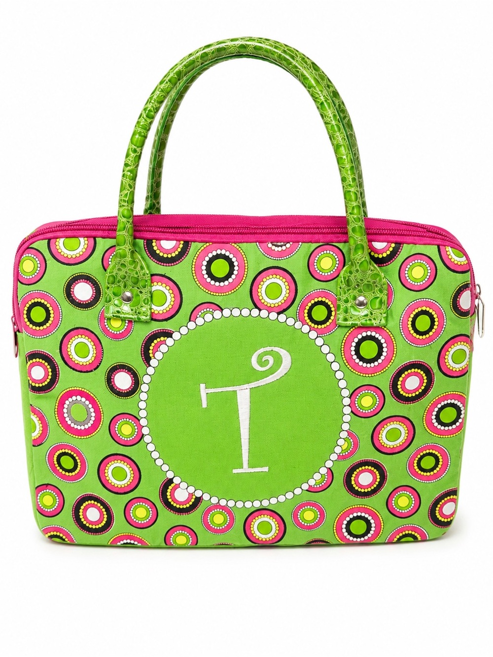 Green and Pink Patterned Laptop Bag with Initial Accent - Picture 1 of 5